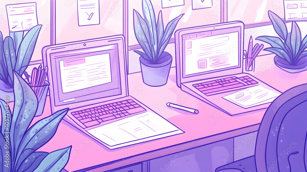 Two laptops, pencils, and potted plants on a desk. Two laptops, pencils, and potted plants on a desk.