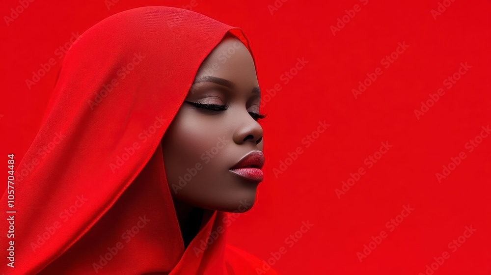 A woman in a red headscarf with her eyes closed A woman in a red headscarf with her eyes closed