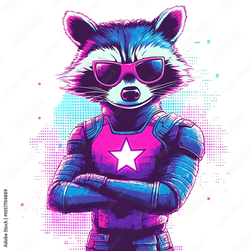 A cool raccoon wearing sunglasses and a superhero outfit, in a retro neon style. A cool raccoon wearing sunglasses and a superhero outfit, in a retro neon style.