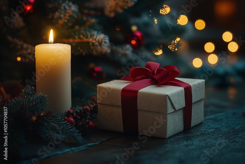 A beautifully wrapped gift with a red bow beside a lit candle and Christmas t...