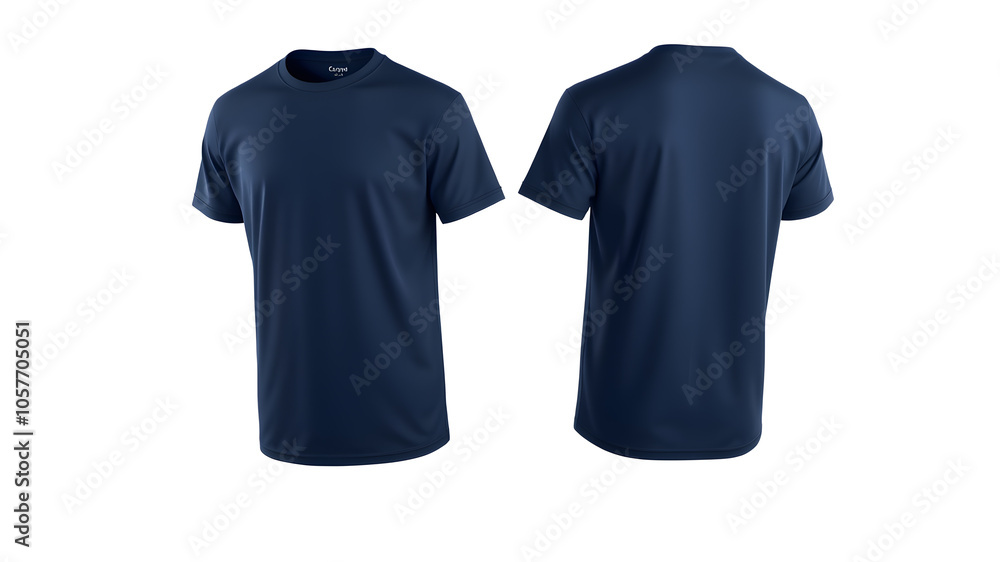 Crisp white background showcases sleek navy blue t-shirt mockup featuring clean front and back views. Generative AI Crisp white background showcases sleek navy blue t-shirt mockup featuring clean front and back views. Generative AI