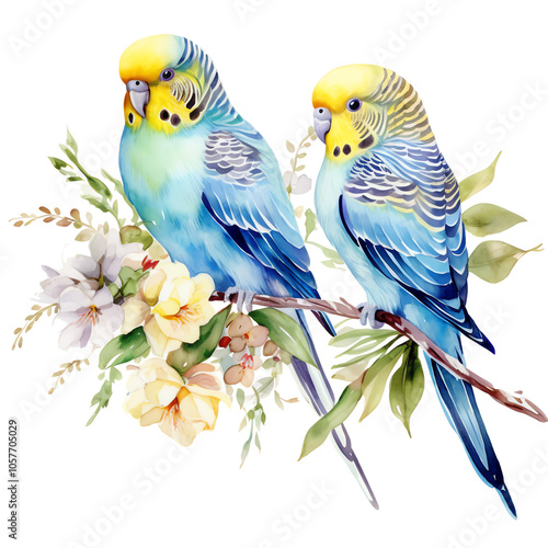 Watercolor illustration of budgies on a tree bench and flowers, isolated on a transparent background, blue and green parrot ,budgerigar , bird, transparent background PNG