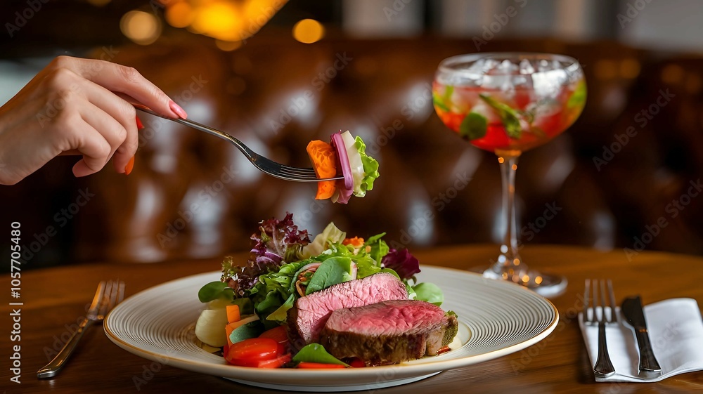 Elegant Fine Dining with Beef Steak and Fresh Salad in Luxurious Restaurant Setting