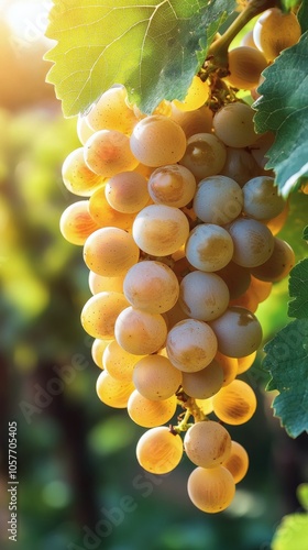 Ripe yellow grapes hanging on vine in sunlight during summer afternoon in a v...