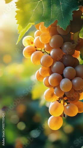 Ripe yellow grapes hanging on vine in sunlight during summer afternoon in a v...