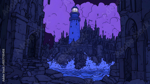 A lone lighthouse stands tall amidst the ruins of a forgotten city, its beacon piercing the stormy sky.