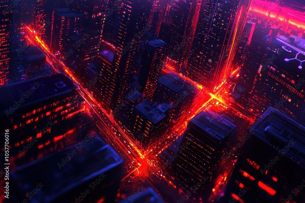 Fototapeta premium Vibrant nightscape a neon-infused aerial view of a thriving cityscape at dusk