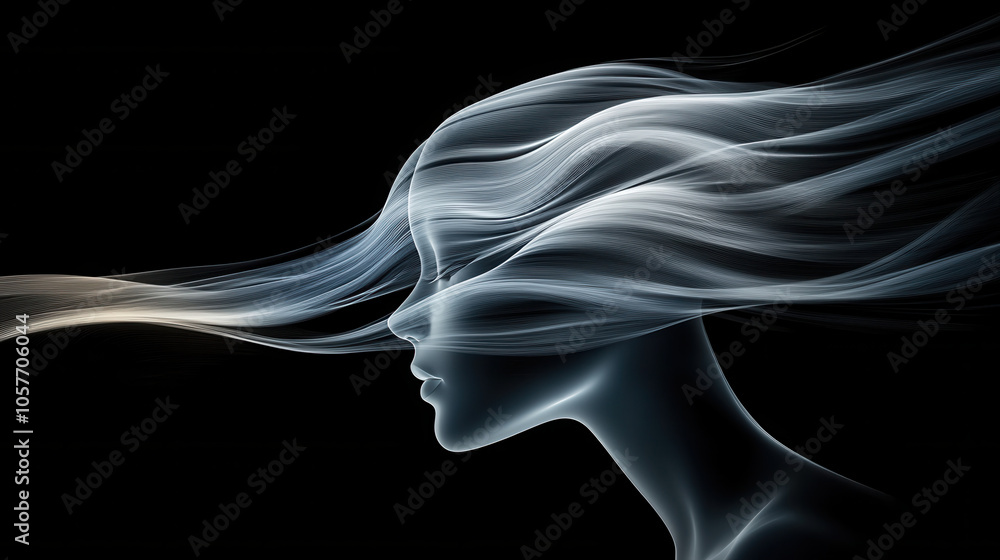digital drawing of flowing hair and silhouette, evoking elegance and movement. artwork features soft, ethereal lines against black background, creating serene atmosphere