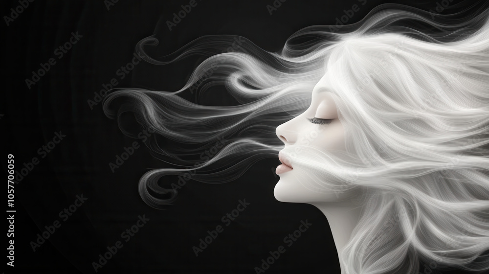 digital drawing of flowing white hair against black background, showcasing elegance and serenity. hair appears to move gracefully, creating sense of calm and beauty digital drawing of flowing white hair against black background, showcasing elegance and serenity. hair appears to move gracefully, creating sense of calm and beauty