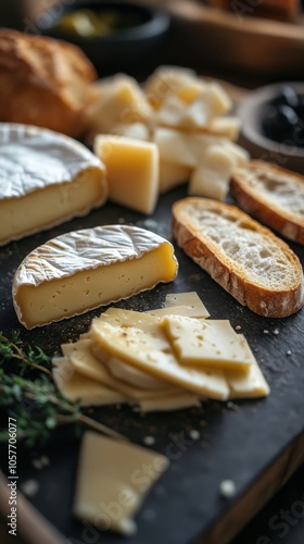 Delicious slice of cheese on artisan bread arranged on a wooden board in a ru...