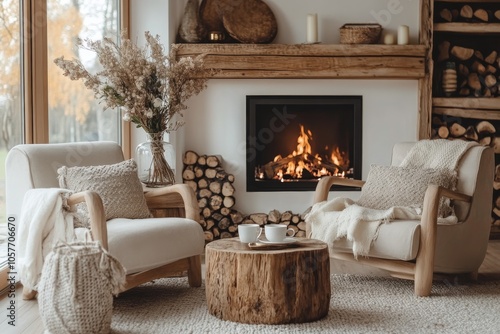 Cozy living room with warm fireplace, rustic decor, and comfortable seating i...