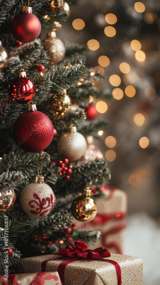 Christmas tree decorated with red and gold ornaments and presents Christmas tree decorated with red and gold ornaments and presents