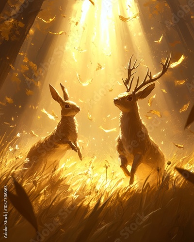 A deer and rabbit stand in a sunlit forest clearing, bathed in warm golden light. photo