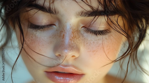 Close up of a young person with natural freckles and soft makeup showcasing b...