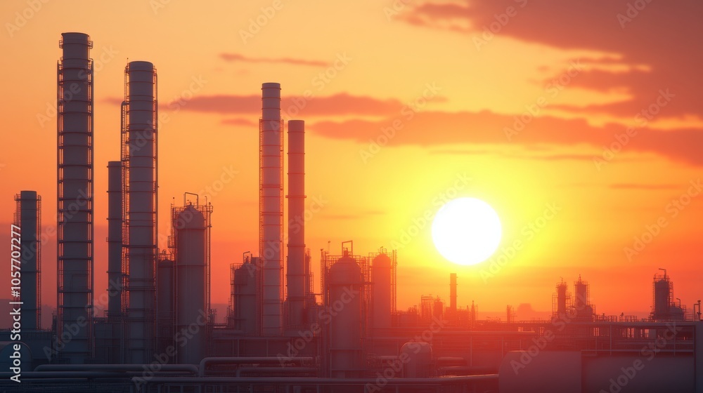 Fototapeta premium Sunset Over Petrochemical Plant with Pipeline Maze