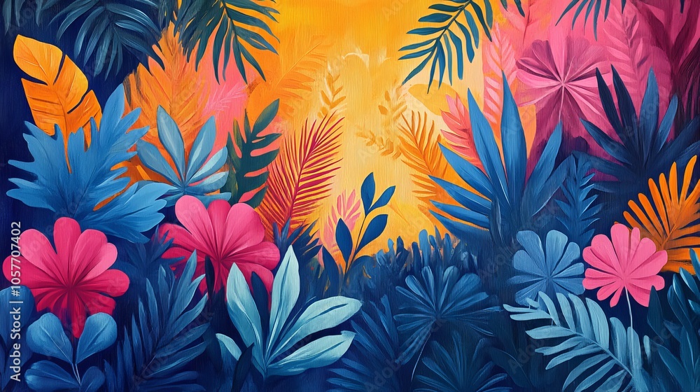 A burst of color and abstract jungle leaves, capturing the essence of summer in a vibrant illustration A burst of color and abstract jungle leaves, capturing the essence of summer in a vibrant illustration
