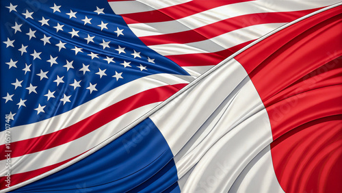 A detailed view of the American and French flags intertwined, symbolizing unity and international relations. The vibrant colors reflect strength and partnership between the two nations. photo