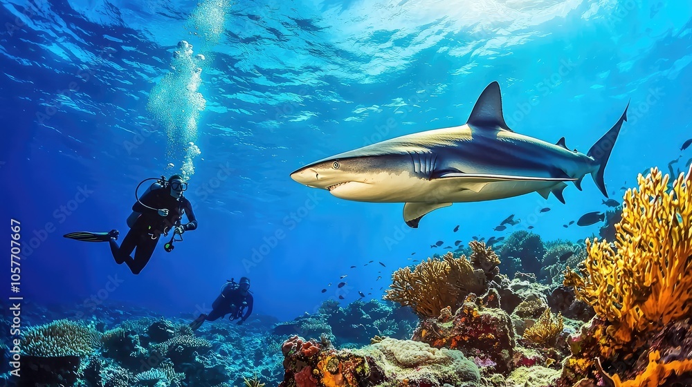 Fototapeta premium Divers Swimming Near Gentle Reef Shark