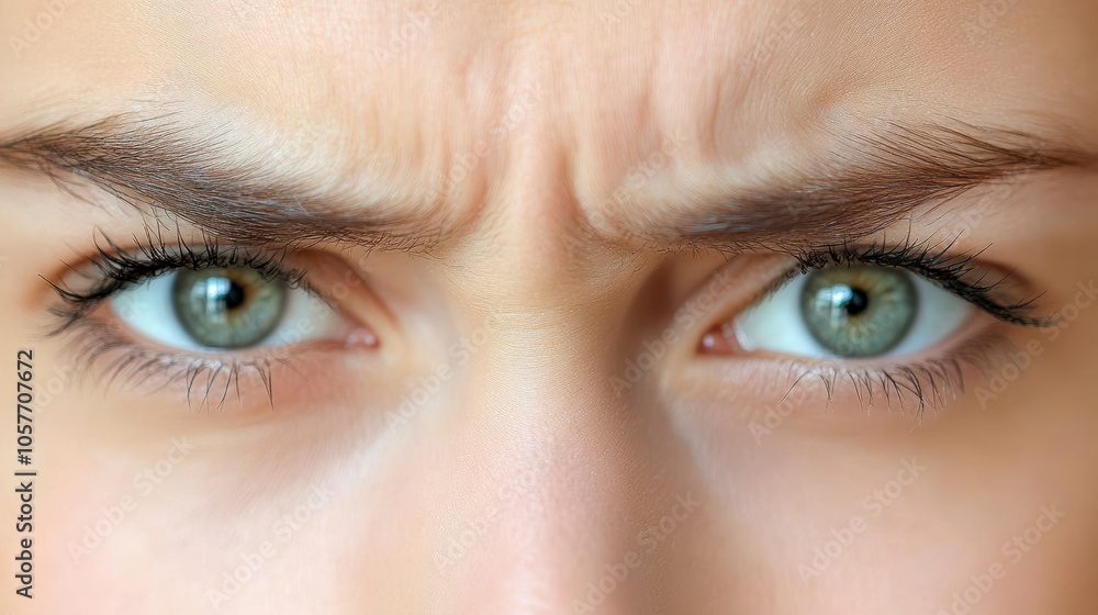 Fototapeta premium Close-up of a womans face with furrowed brows and intense eyes