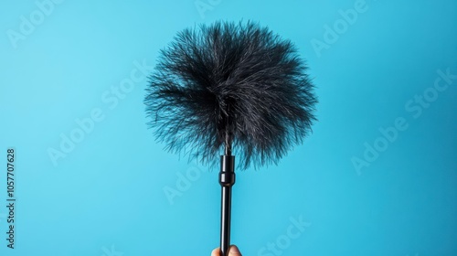 A black feather duster against a blue background photo