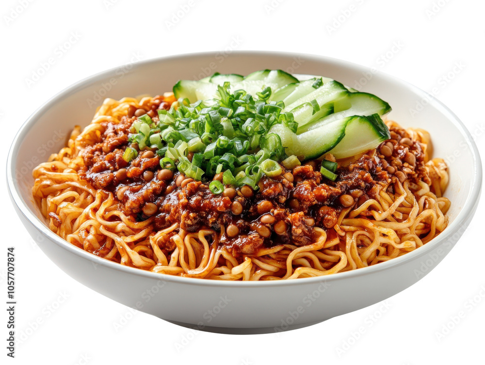 Delicious bowl of noodles topped with ground meat and fresh vegetables. Delicious bowl of noodles topped with ground meat and fresh vegetables.