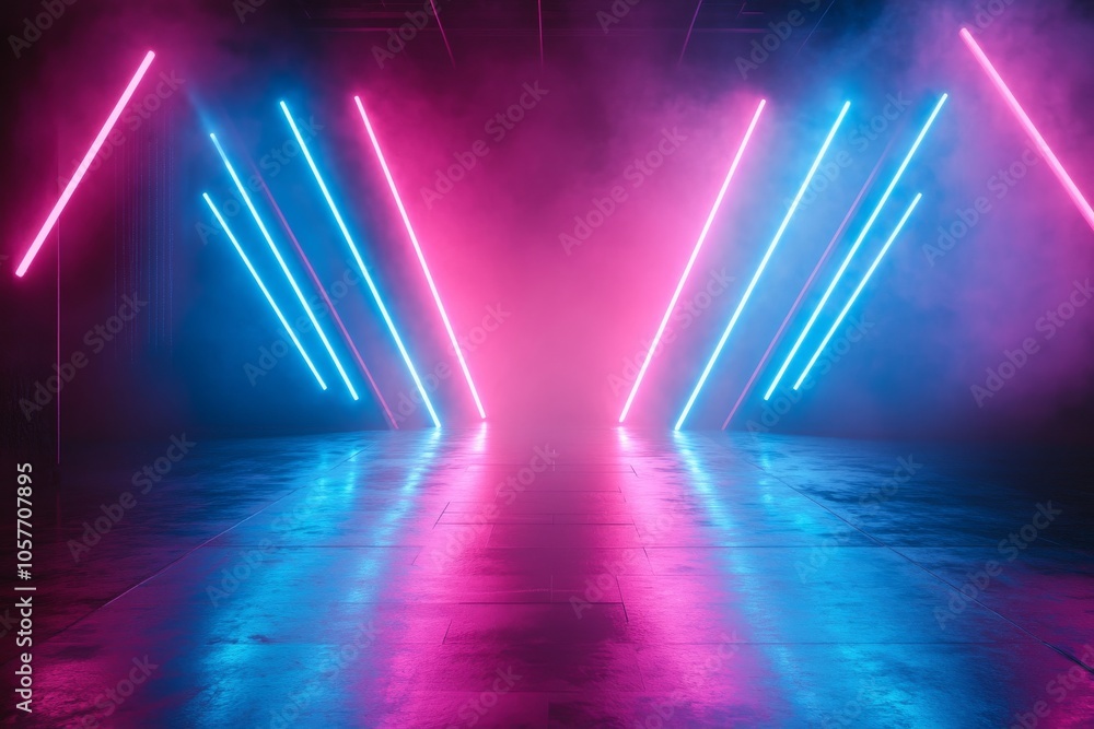 Abstract background with neon blue and pink arrows, glowing on a shiny stage Abstract background with neon blue and pink arrows, glowing on a shiny stage