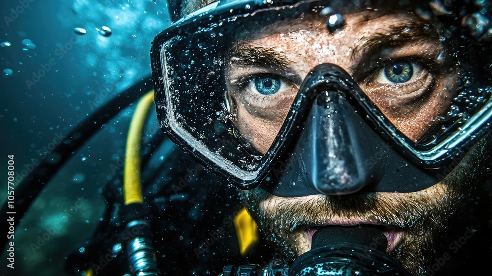 Diver Gazing Upward Toward Surface Light Diver Gazing Upward Toward Surface Light