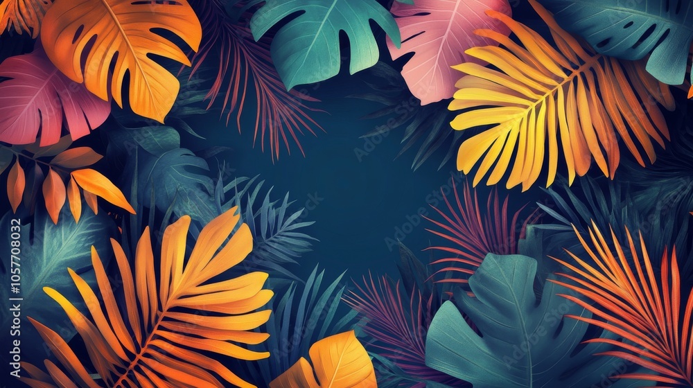A burst of color and abstract jungle leaves, capturing the essence of summer in a vibrant illustration A burst of color and abstract jungle leaves, capturing the essence of summer in a vibrant illustration