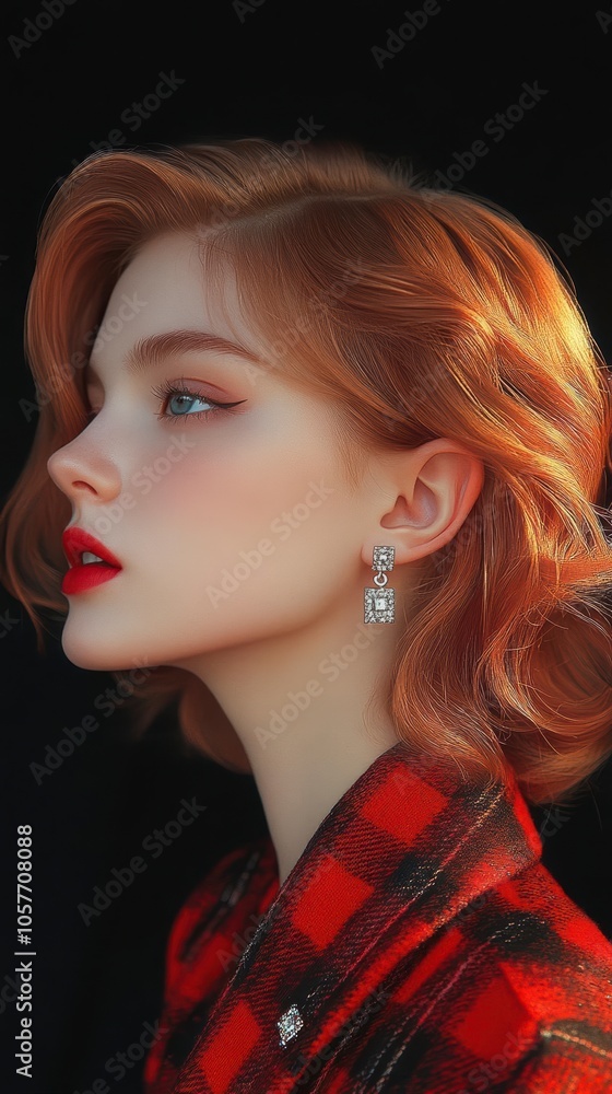 A woman with red hair and red lipstick looks to the side A woman with red hair and red lipstick looks to the side
