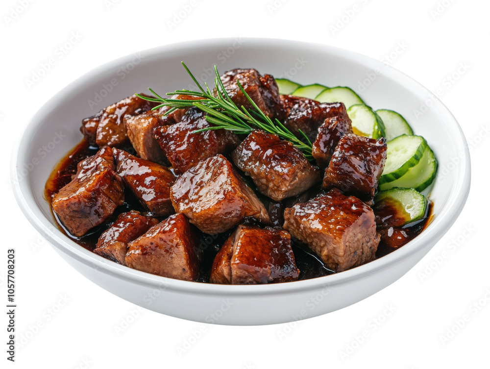 Delicious cubes of meat in a savory sauce with fresh cucumber slices. Delicious cubes of meat in a savory sauce with fresh cucumber slices.
