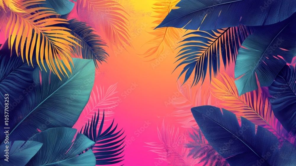 A burst of color and abstract jungle leaves, capturing the essence of summer in a vibrant illustration A burst of color and abstract jungle leaves, capturing the essence of summer in a vibrant illustration