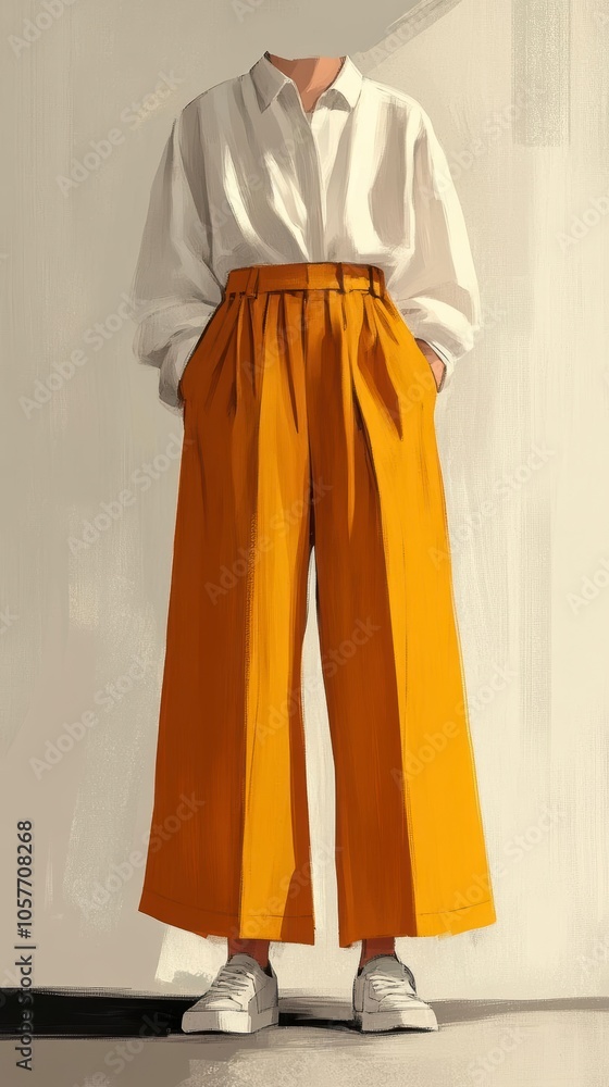 A woman wearing a white shirt and yellow high-waisted pants A woman wearing a white shirt and yellow high-waisted pants