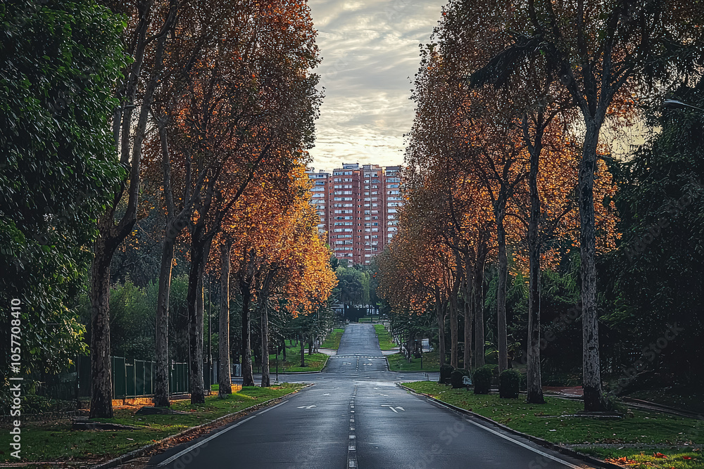 Street with trees lining the road and a building in the background. The trees are in autumn and the sky is cloudy Street with trees lining the road and a building in the background. The trees are in autumn and the sky is cloudy
