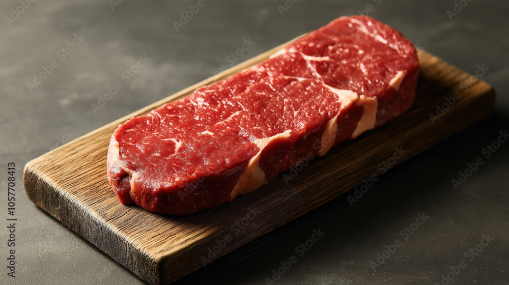 A fresh raw beef steak on a wooden cutting board against a dark background, showcasing marbling and texture. A fresh raw beef steak on a wooden cutting board against a dark background, showcasing marbling and texture.