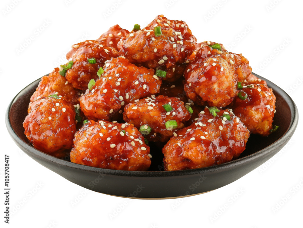 Delicious glazed chicken pieces topped with sesame and green onions on a dark plate. Delicious glazed chicken pieces topped with sesame and green onions on a dark plate.