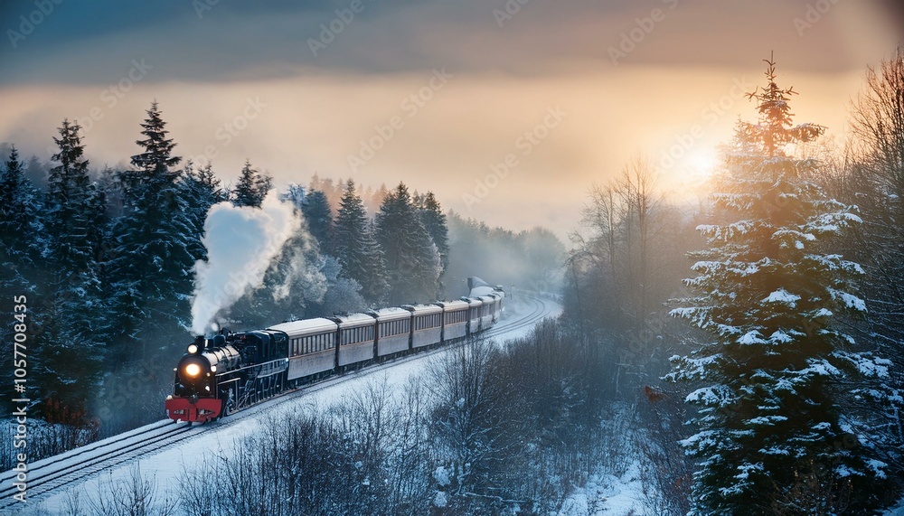 tren de vapor clásico que viaja por medio de un bosque en invierno con la luz del atardecer; conceptos de transporte y turismo ferroviario, viajes tren de vapor clásico que viaja por medio de un bosque en invierno con la luz del atardecer; conceptos de transporte y turismo ferroviario, viajes