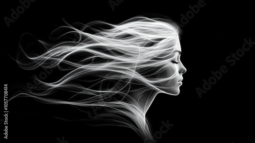 digital drawing of flowing white hair against black background, capturing serene profile. ethereal quality evokes sense of calm and beauty