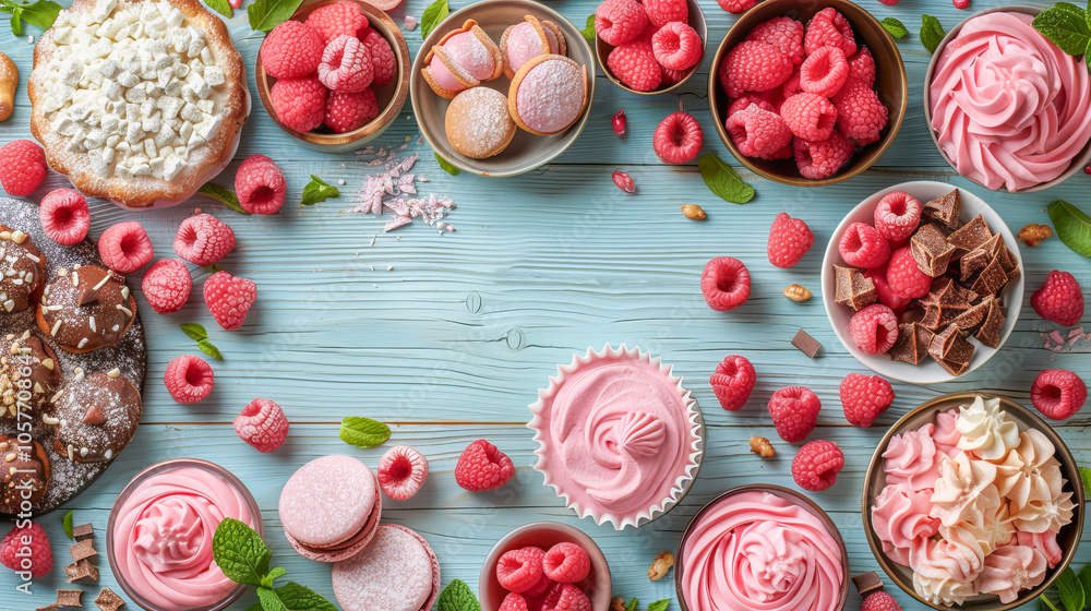 Raspberry desserts and toppings forming a frame on a blue table Raspberry desserts and toppings forming a frame on a blue table