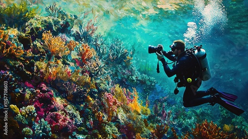 Vibrant Coral Garden with Scuba Diver Capturing Photos