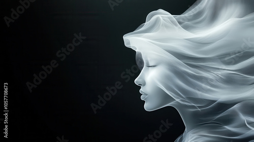 white digital drawing of flowing hair, showcasing serene profile against dark background. ethereal quality evokes sense of calm and beauty