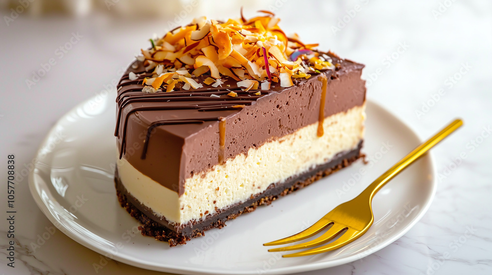 Decadent layered chocolate and vanilla cheesecake slice garnished with caramel drizzle and toasted coconut Decadent layered chocolate and vanilla cheesecake slice garnished with caramel drizzle and toasted coconut
