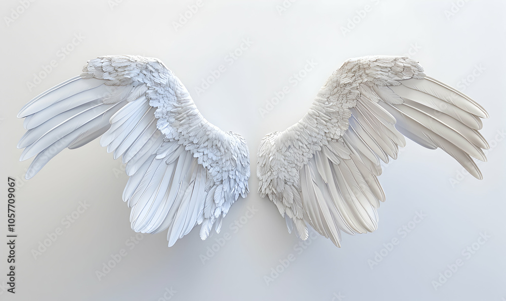 Fototapeta premium A pair of white angel wings against a white background.