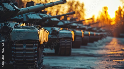 Tanks Lined Up at Military Base Ready for Deployment photo