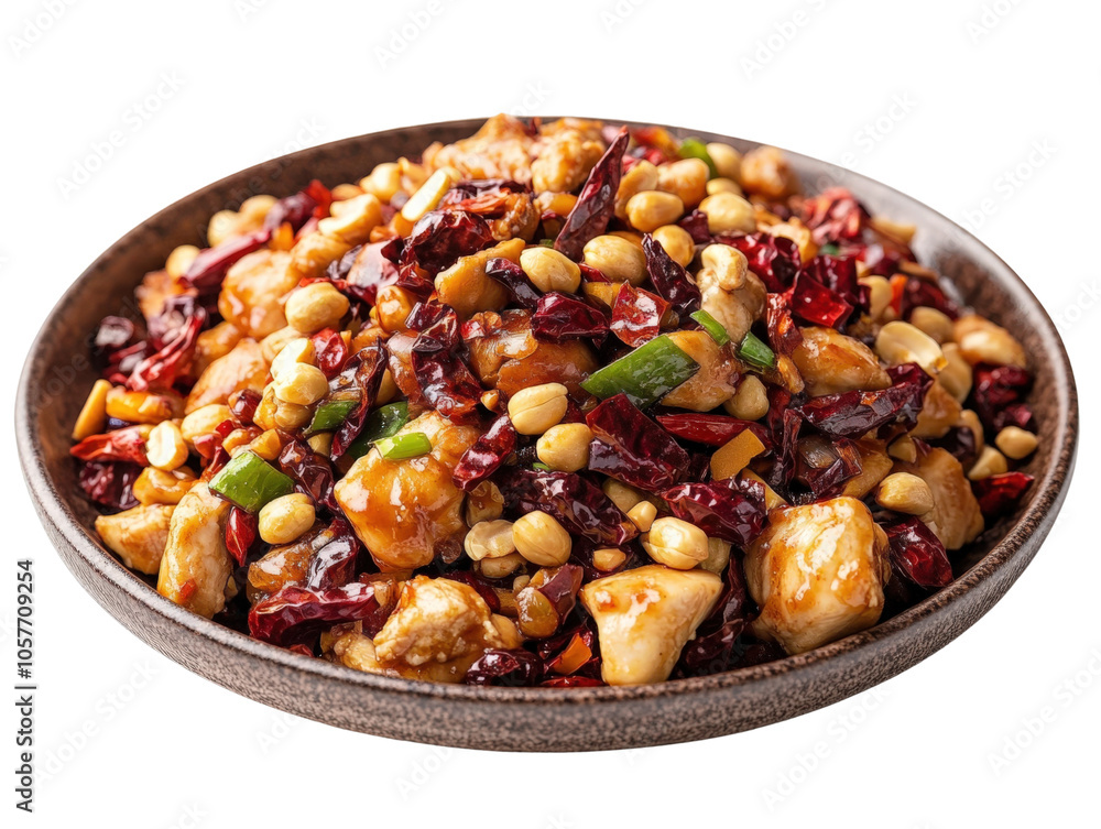 Delicious spicy chicken dish with peanuts and dried chili, white isolate background. Delicious spicy chicken dish with peanuts and dried chili, white isolate background.