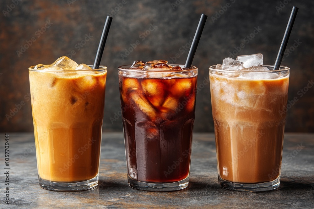Set of three iced coffee beverages, clear cups, ranging from strong dark to creamy light, ice and straws included Set of three iced coffee beverages, clear cups, ranging from strong dark to creamy light, ice and straws included