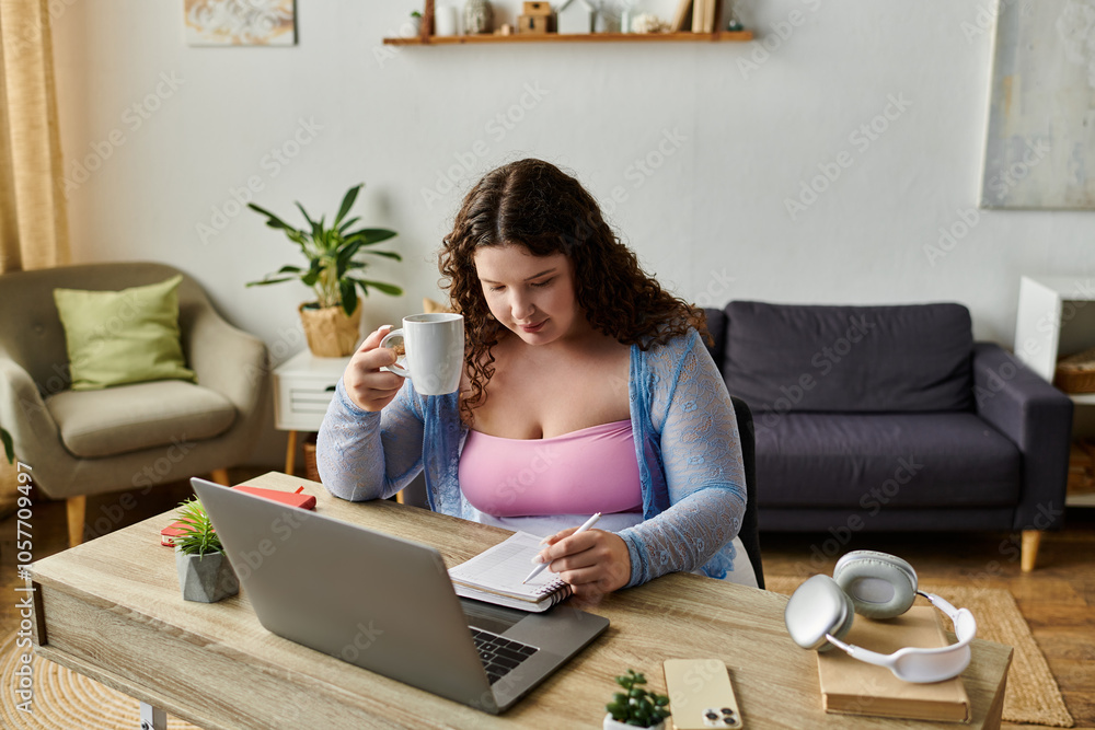 Hard working woman with dark hair working at home. Hard working woman with dark hair working at home.