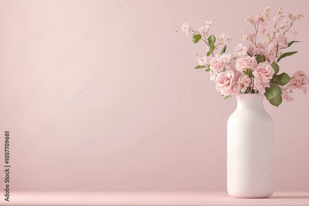 A charming rose bouquet in a vase, framed by a smooth pink pastel scene. A charming rose bouquet in a vase, framed by a smooth pink pastel scene.