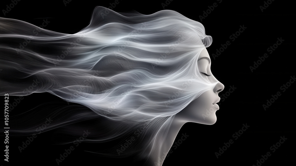 digital drawing of flowing hair in graceful profile silhouette, showcasing ethereal beauty and movement. artwork captures serene expression against black background digital drawing of flowing hair in graceful profile silhouette, showcasing ethereal beauty and movement. artwork captures serene expression against black background