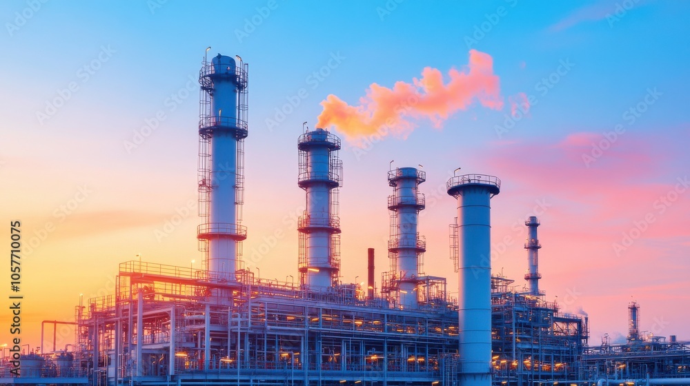 Industrial Refinery at Sunset with Smoke Emission Industrial Refinery at Sunset with Smoke Emission