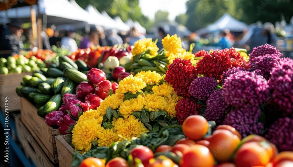 Fototapeta premium A vibrant display of colorful flowers and fresh produce at a farmer s market